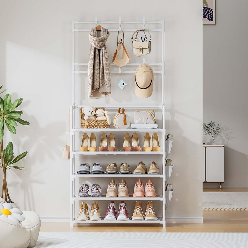 OYREL Shoe Rack 5 Tier Shoe Organizer Storage 15-20 Pairs Shoes Rack for Closet Entrance Shoe Rack Organizer with Hooks and Side Pocket Entryway Shoe Holder Space Saving Free Standing Shoe Racks - Image 4