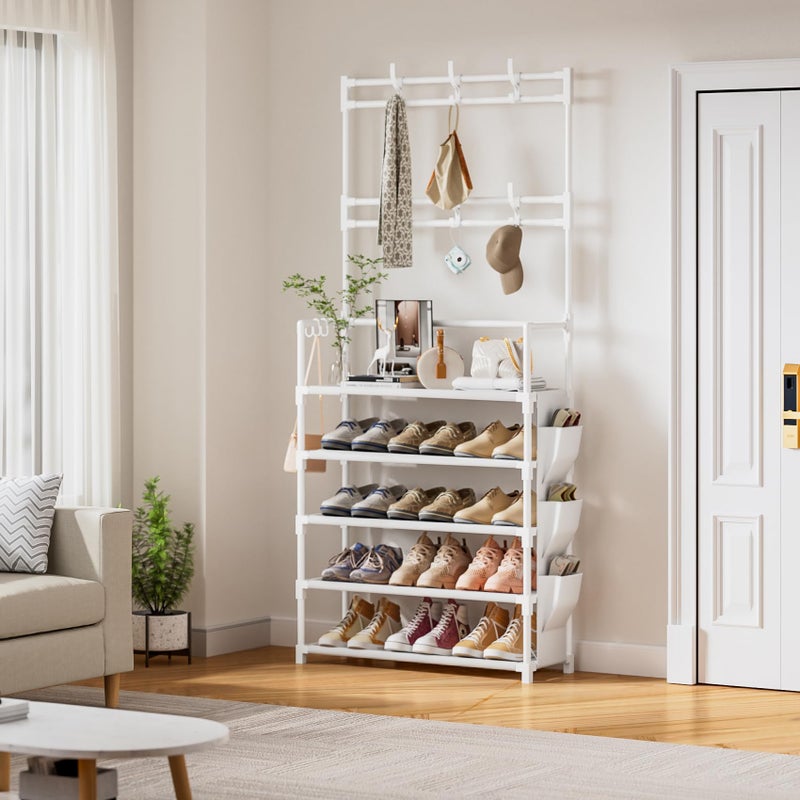 OYREL Shoe Rack 5 Tier Shoe Organizer Storage 15-20 Pairs Shoes Rack for Closet Entrance Shoe Rack Organizer with Hooks and Side Pocket Entryway Shoe Holder Space Saving Free Standing Shoe Racks - Image 2