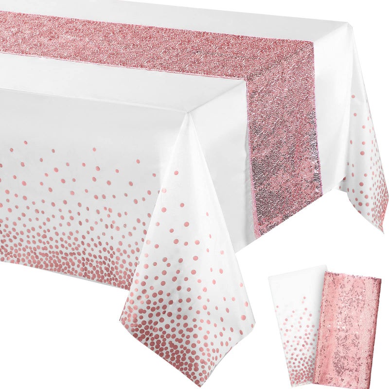 Tablecloth and Sequin Table Runner Set Polka Dots Confetti Table Cover Dining Plastic Table Cloths Glitter Decorations for Birthday Wedding Anniversary Party Supplies White Rose Gold 2 Pcs