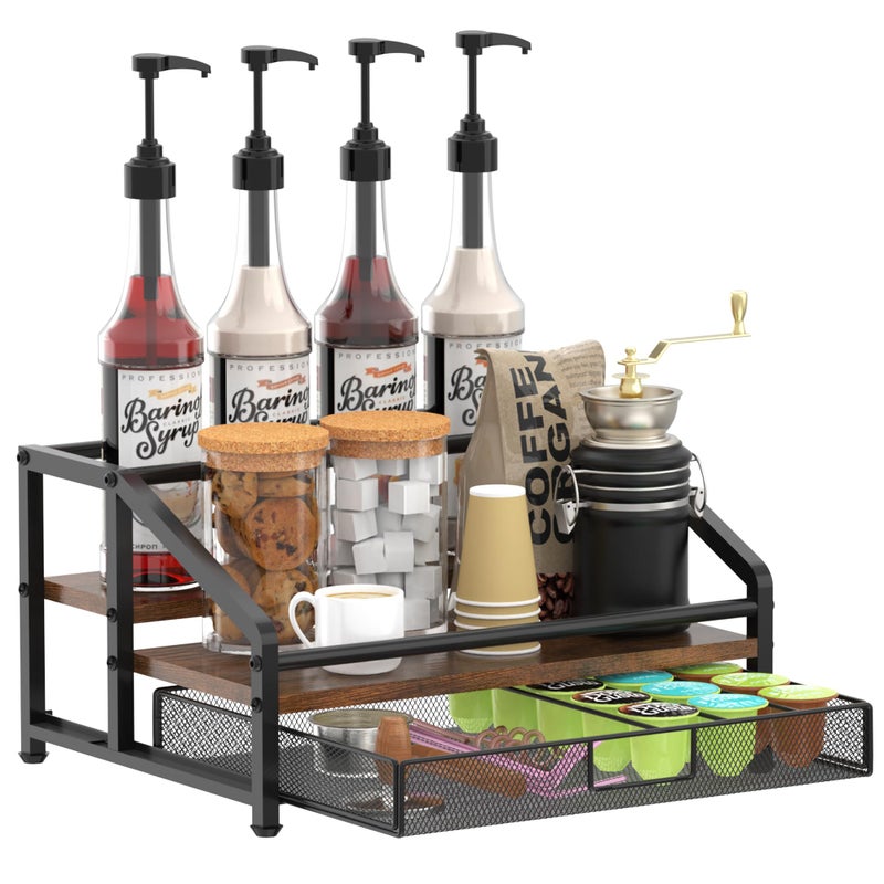 Alyoen Coffee Syrup Organizer Rack, 3-Tier Coffee Station Organizer for Countertop, Coffee Bar Organizer with 35K Cup Storage Basket, Coffee Syrup Holder Stand for Coffee Bar Accessory, Syrup - Wine - Image 1