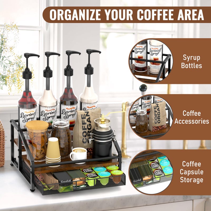 Alyoen Coffee Syrup Organizer Rack, 3-Tier Coffee Station Organizer for Countertop, Coffee Bar Organizer with 35K Cup Storage Basket, Coffee Syrup Holder Stand for Coffee Bar Accessory, Syrup - Wine - Image 4
