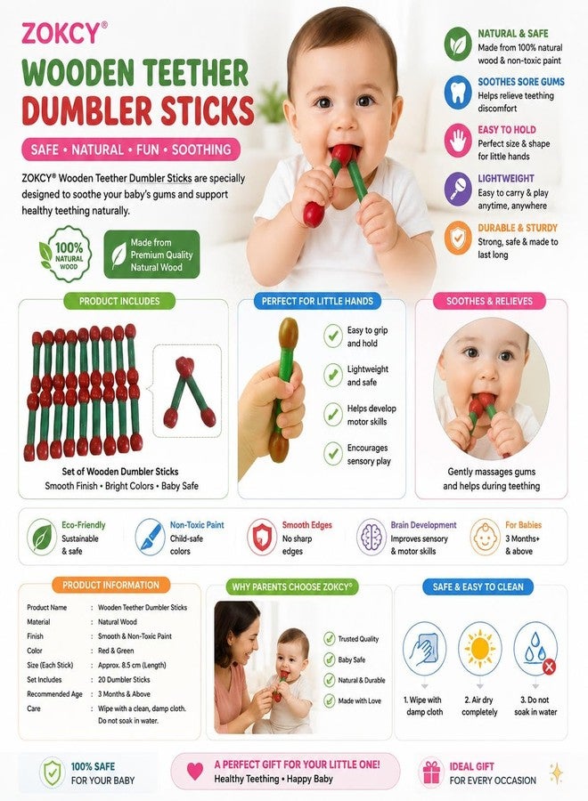 ZOKCY Toddler (Pack 6 Pcs) Wooden Teether Dumbler Dumbbell Sticks For Babies/Colorful Baby Wood Baby Teether Chusni Sacker/Soother Rattle Nibbler Teething Toy Teether For Baby 2 - Image 2