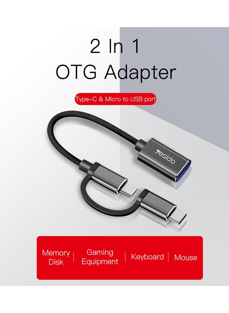 يسيدو GS02 كابل قطني مجدول 2 في 1 متوافق على نطاق واسع ومضاد للتمدد 10 سم OTG محول Type-C/Micro إلى USB أسود - Image 3