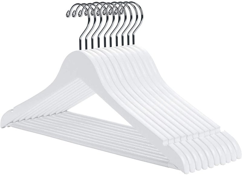JEYANG Natural Wood Garment Hanger with 360 Degree Swivel Chrome Hook, Notches and Non Slip Bar for Clothes (White,Pack of 12) - Image 1