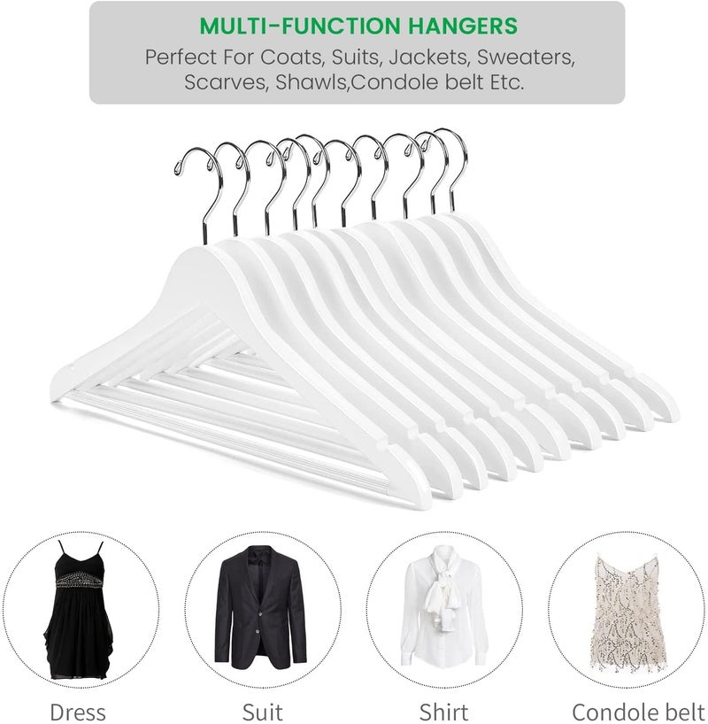 JEYANG Natural Wood Garment Hanger with 360 Degree Swivel Chrome Hook, Notches and Non Slip Bar for Clothes (White,Pack of 12) - Image 2