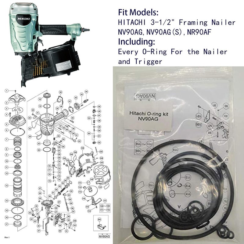 HAKATOP NV90AG NV90AG(S) O-Ring Rebuild KIT for HITACHI 3-1/2-Inch Coil FRAMING Nailer Gun with Trigger O-Rings - Image 2