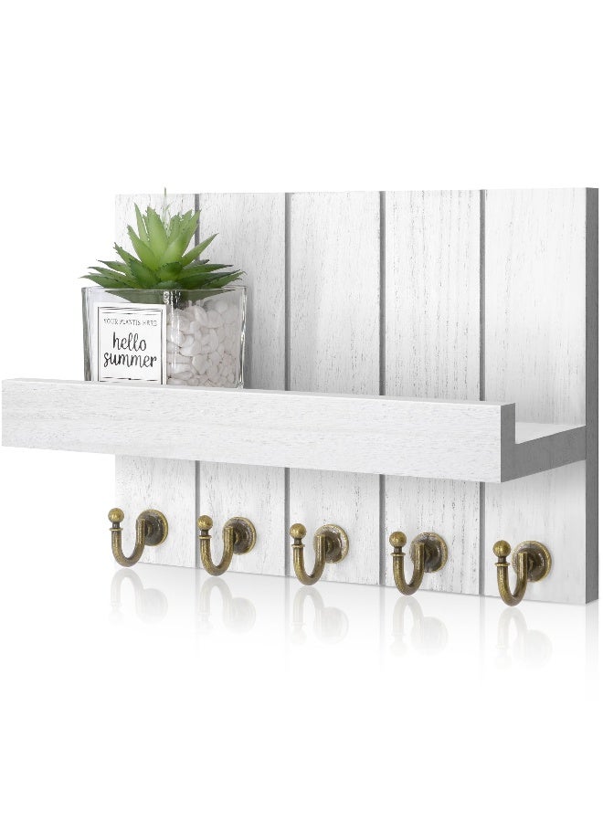 Rebee Vision Key Holder for Wall - Decorative Mail Organizer Wall Mount with 5 Key Hooks for Modern Farmhouse Apartment Essentials - Home Decor for Living Room (Rustic White, 3.54"D x 10"W x 7.28"H) - Image 1
