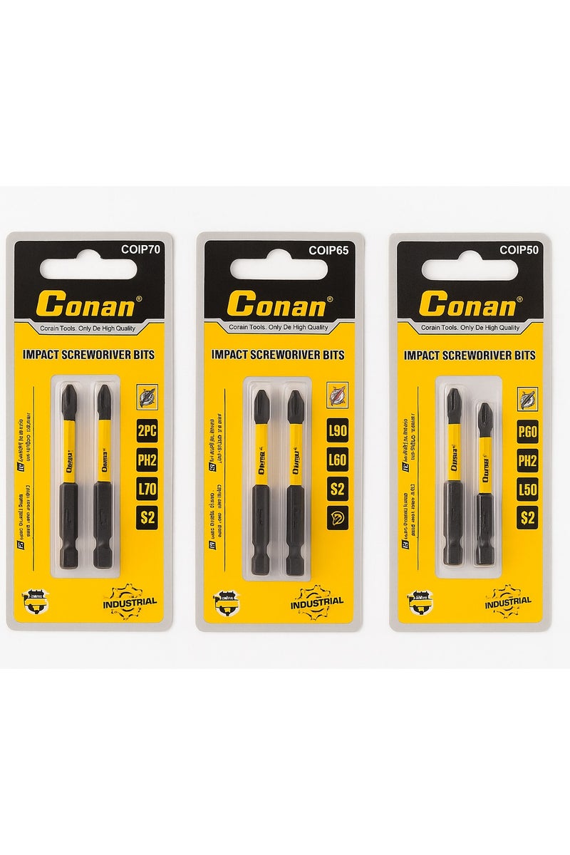 Conan 3 Sets Impact Screwdriver Bits – 6 Pieces PH2 – Industrial S2 Steel – Multiple Lengths (50/65/70mm) – Conan - Image 1