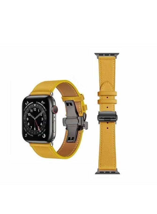 فيسوس شريط استبدال الجلود الأصلي مع مشبك أسود لسلسلة Apple Watch 6/SE/5/4/3/2/1 44/42 مم أصفر