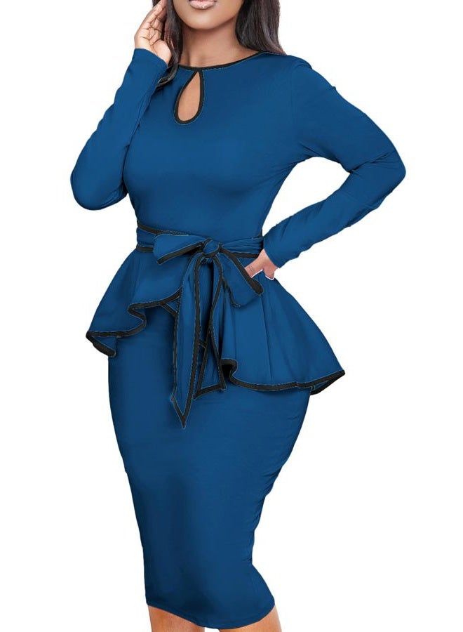 Yiershu Women's Elegant Bodycon Dresses Midi Work Pencil Dress Tea Party Dress Church Cocktail Dresses, Ruffle/Royal Blue, L - Image 4