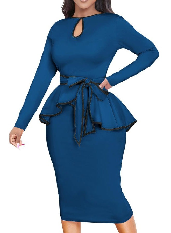 Yiershu Women's Elegant Bodycon Dresses Midi Work Pencil Dress Tea Party Dress Church Cocktail Dresses, Ruffle/Royal Blue, L - Image 5