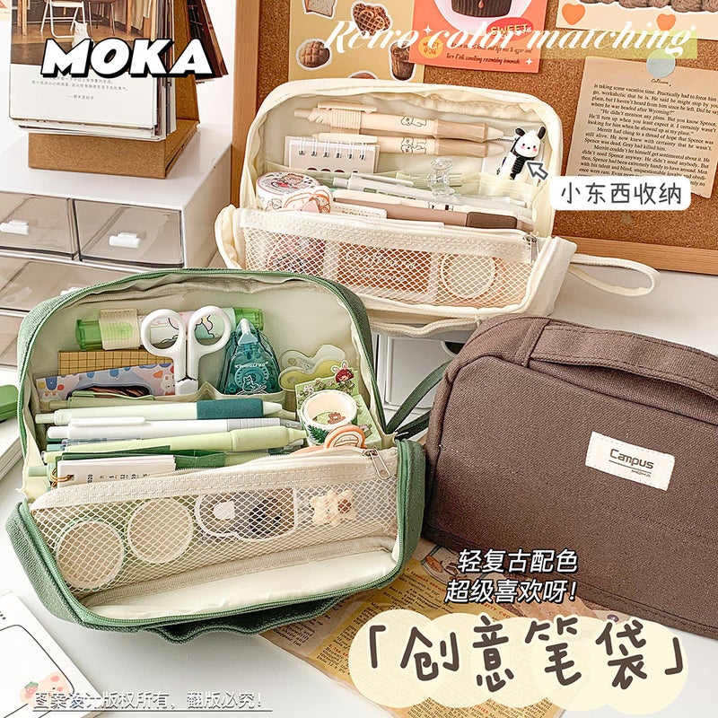 Canvas Pencil Case Large Capacity Girls Simple Japanese Style Junior High School Girls Boys Pencil Case Primary School Students Can Stand Up - Image 3