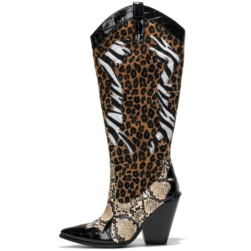 Cape Robbin Women's Animal Print Cowboy Boots 12-Inch Shaft Pull-On Pointed Toe - Western Cowgirl Boots with 3 Inch Block Heel & Comfort Insole (Karine) Black 8 - Image 1
