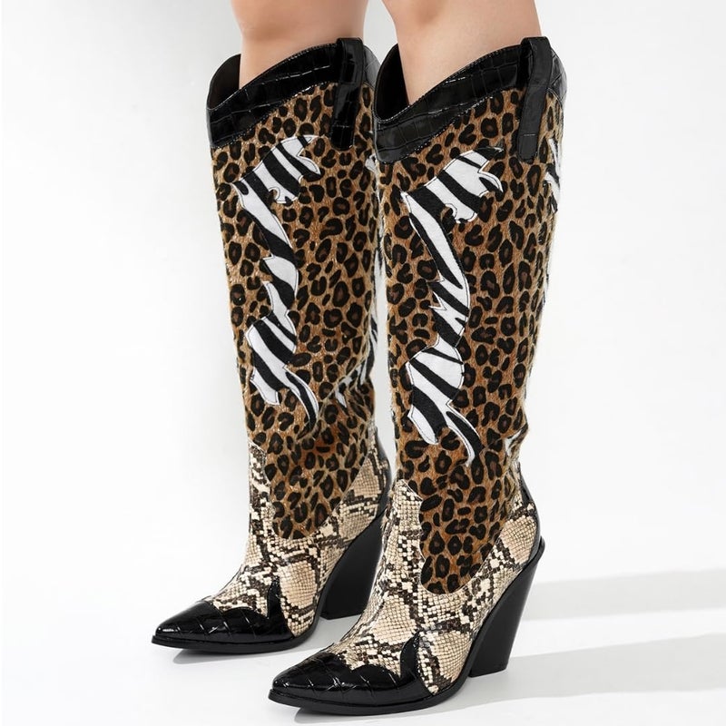 Cape Robbin Women's Animal Print Cowboy Boots 12-Inch Shaft Pull-On Pointed Toe - Western Cowgirl Boots with 3 Inch Block Heel & Comfort Insole (Karine) Black 8 - Image 5