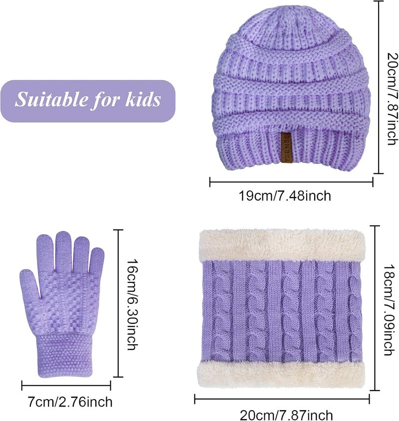 YSense 3 Pcs Kids Winter Beanie Hat Scarf Gloves Set Thick Knit Warm Fleece Fuzzy Lined Beanie Caps Mittens for Boys Girls - Image 2