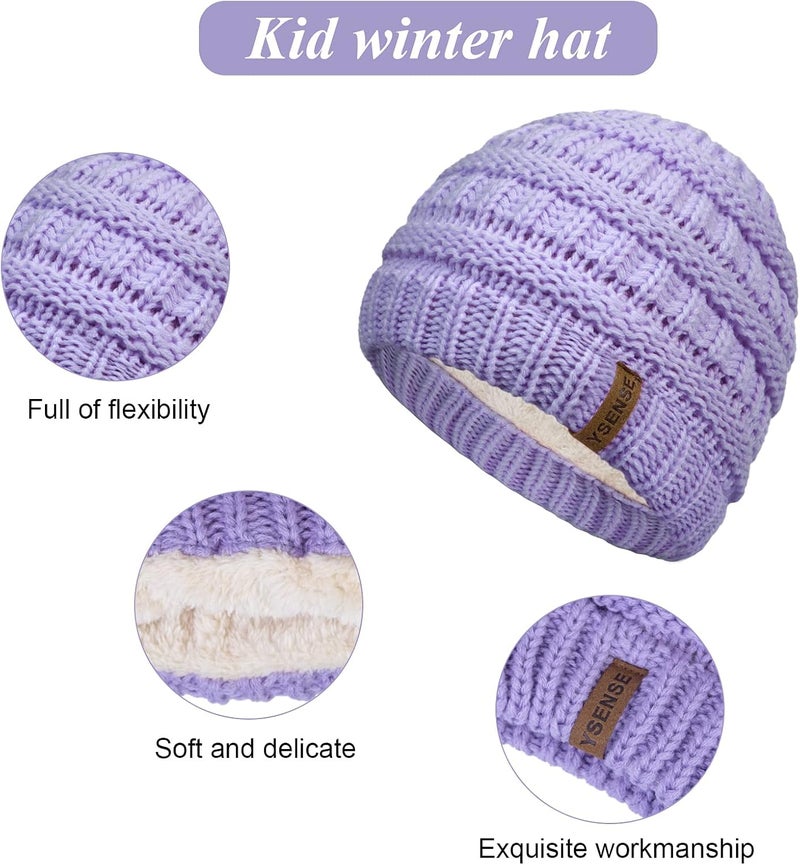YSense 3 Pcs Kids Winter Beanie Hat Scarf Gloves Set Thick Knit Warm Fleece Fuzzy Lined Beanie Caps Mittens for Boys Girls - Image 3