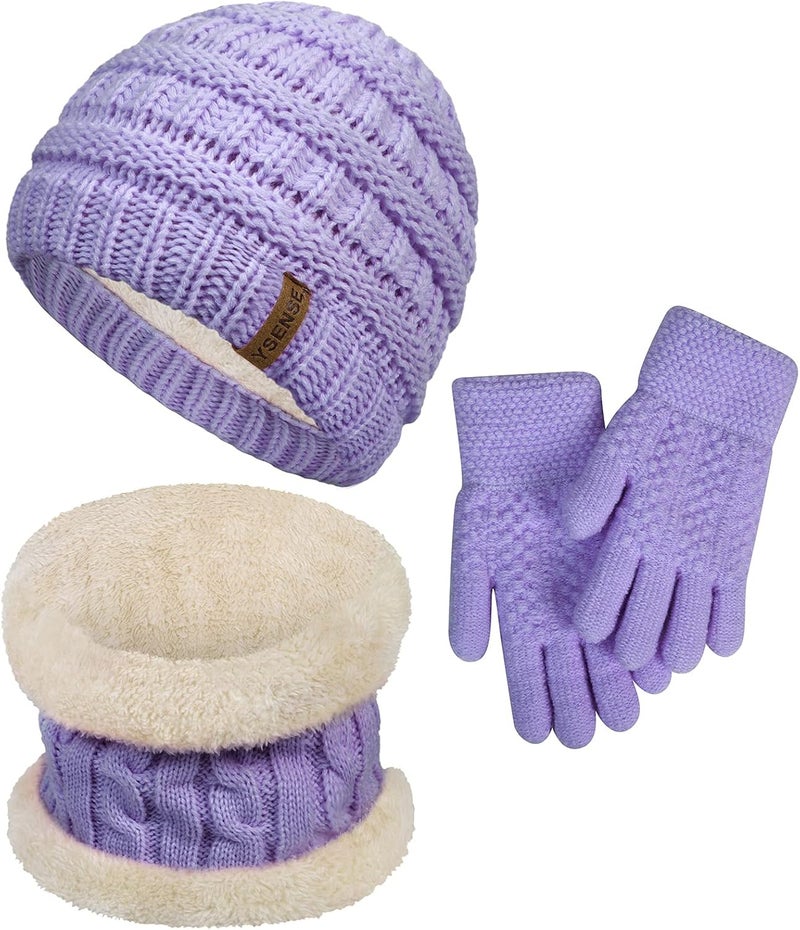 YSense 3 Pcs Kids Winter Beanie Hat Scarf Gloves Set Thick Knit Warm Fleece Fuzzy Lined Beanie Caps Mittens for Boys Girls - Image 1