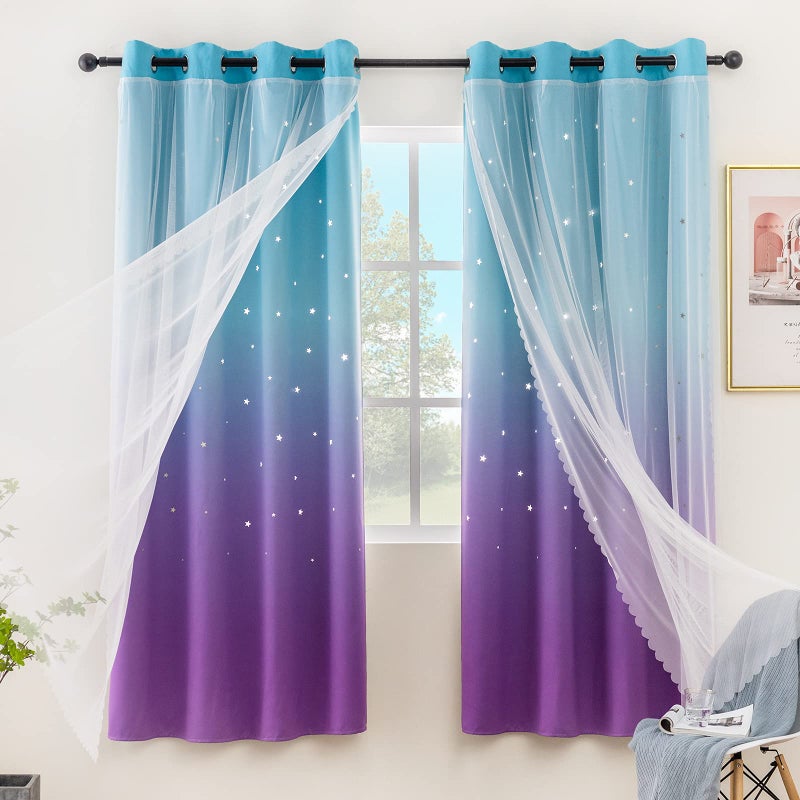 Stiio Star Cutout Curtains for Girls Bedroom 2 Panels 2 in 1 Light Blocking Blackout Curtains with Sheer Grommet Window Drapes for Living Room Kids Room W52 x L63 inches Blue Purple