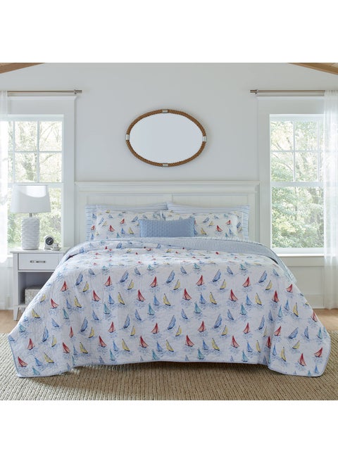 Laura Ashley  Queen Quilt Set Cotton Reversible Bedding with Matching Shams Home Decor Ideal for All Seasons Ahoy Blue Queen