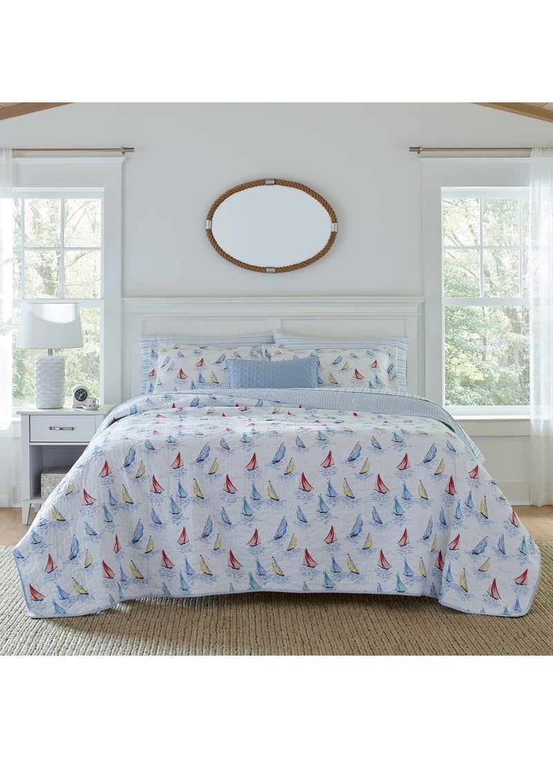 Laura Ashley  Queen Quilt Set Cotton Reversible Bedding with Matching Shams Home Decor Ideal for All Seasons Ahoy Blue Queen