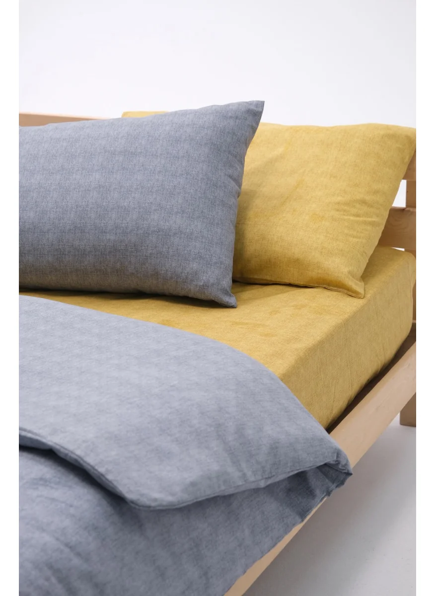 Favora Patterned Cotton Single Duvet Cover Set with Elastic Sheets - Gray - Mustard