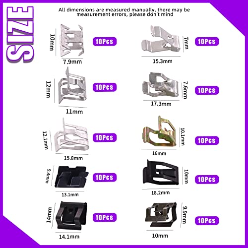 Swpeet 100Pcs 10 Sizes 79mm 10mm 11mm 131mm 141mm 153mm 158mm 16mm 173mm 182mm Metal Trim Panel Spring Clip Auto Car UClip Trim Moulding Clip Kit Compatible with VW Audi 4A0867276A - Image 3