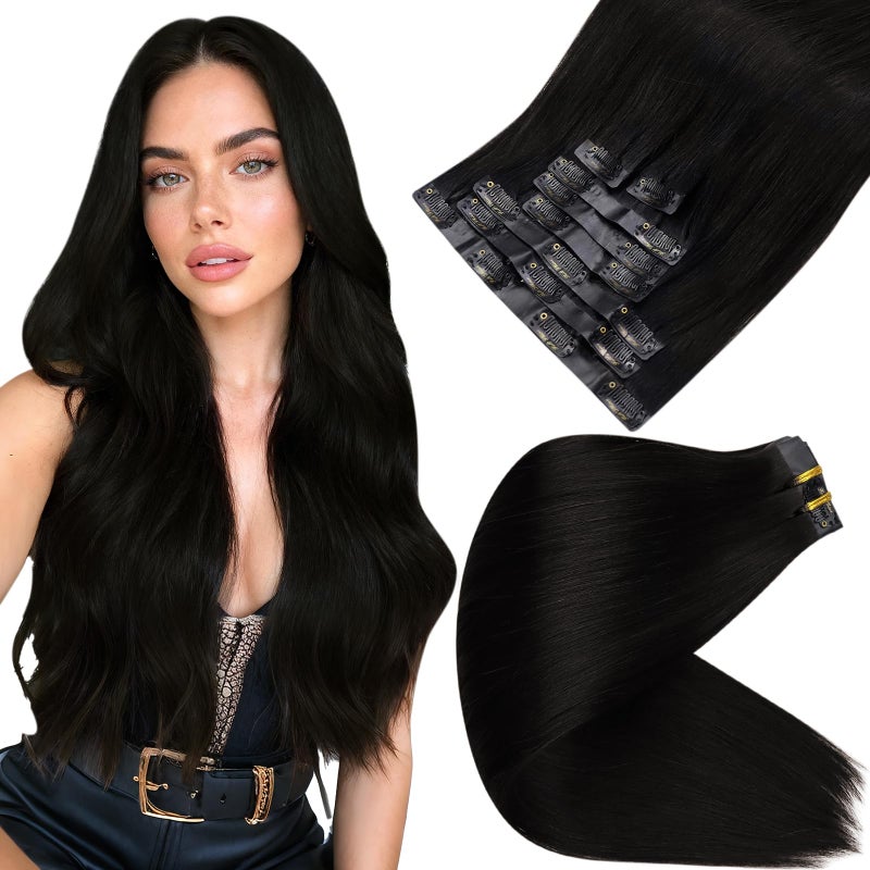 Full Shine Hair Extensions Clip in Human Hair Black Seamless Clip in Hair Extension Black Hair Extensions Clip ins Short Hair Full Head Softness 14 Inch 8 PCS 120 G