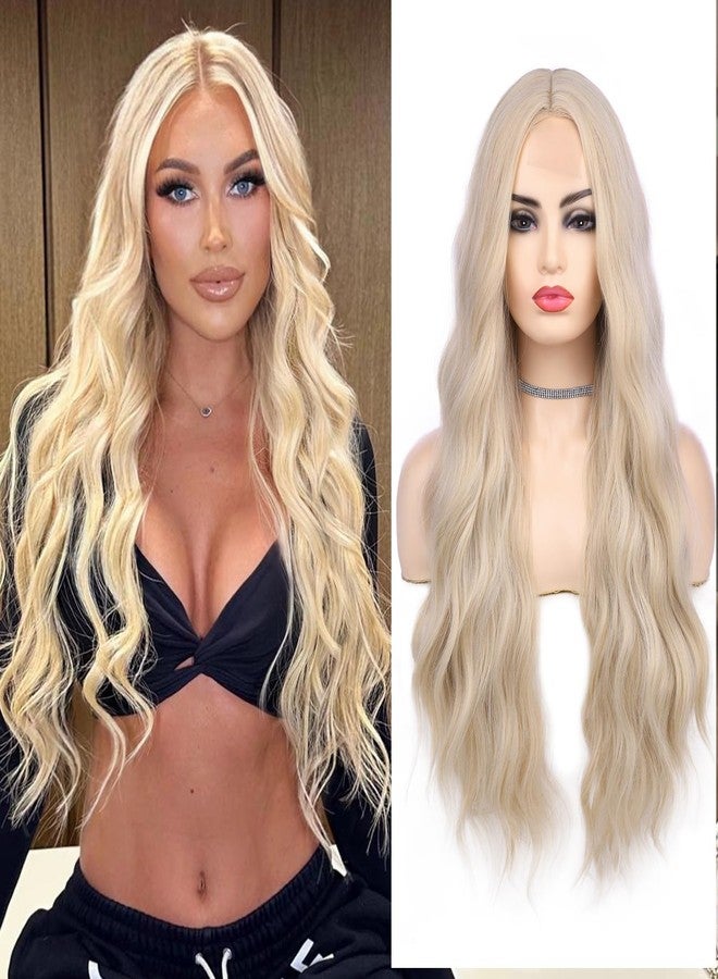 ليدي ميراندا باروكة ليدي ميراندا الطويلة بلون أشقر بلاتيني، طولها 28 بوصة، شعر أشقر طبيعي مموج، فرق في المنتصف، باروكة دانتيل شقراء، شعر صناعي أشقر للنساء البيض - Image 4