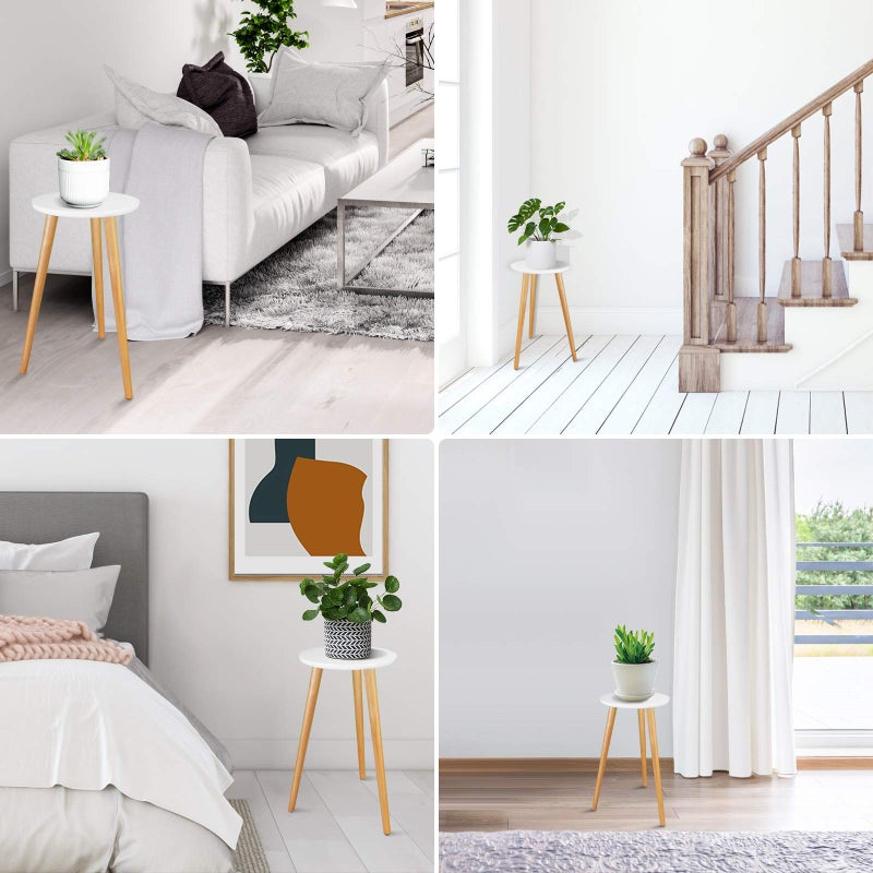 Uneedem Indoor Plant Stand - Mid Century Wooden Plant Table, Tall Holder for Flower Pots, Small Round End Table (A3-White, High: 20.5") - Image 5