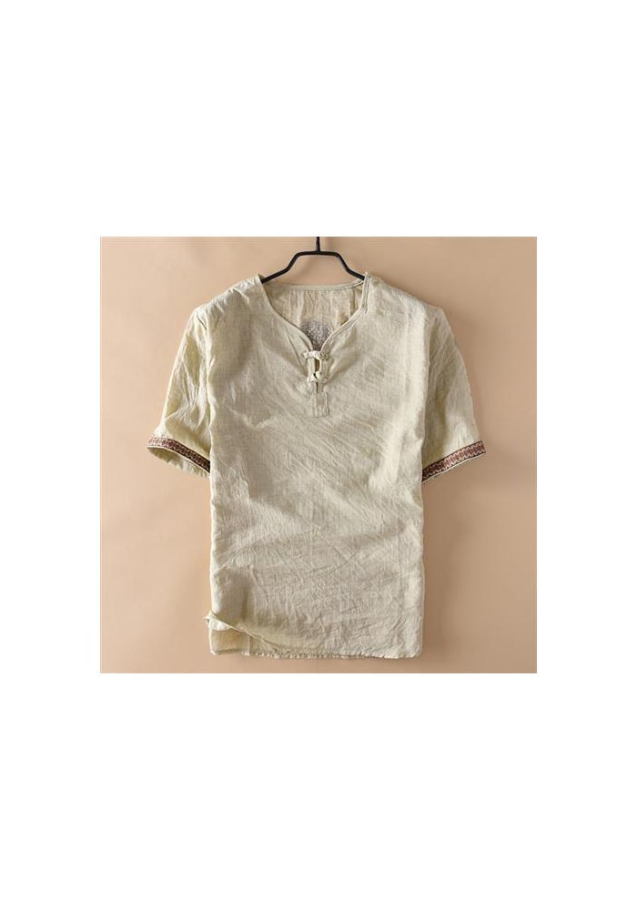 Summer New Chinese Style Men's Faux Linen Cotton Thin Short-sleeved T-shirt Men's Chinese Style Button Ethnic Retro Style - Image 1