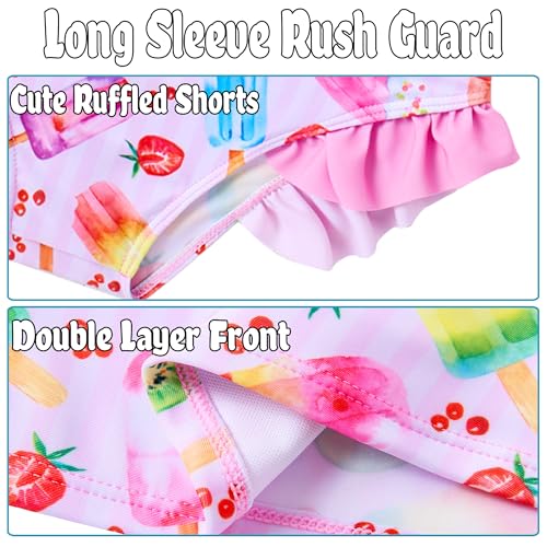 swimsobo Girl 3 Piece Rash Guard Long Sleeve Swimsuit for Kids Size 56 Years Sun Protect Bathing Suit Pink Ice Cream Child Tankini Sets - Image 3