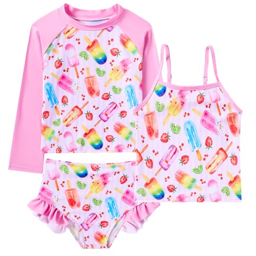 swimsobo Girl 3 Piece Rash Guard Long Sleeve Swimsuit for Kids Size 56 Years Sun Protect Bathing Suit Pink Ice Cream Child Tankini Sets - Image 1