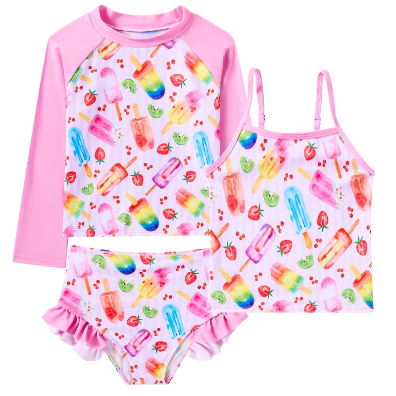 swimsobo Girl 3 Piece Rash Guard Long Sleeve Swimsuit for Kids Size 56 Years Sun Protect Bathing Suit Pink Ice Cream Child Tankini Sets - Image 2
