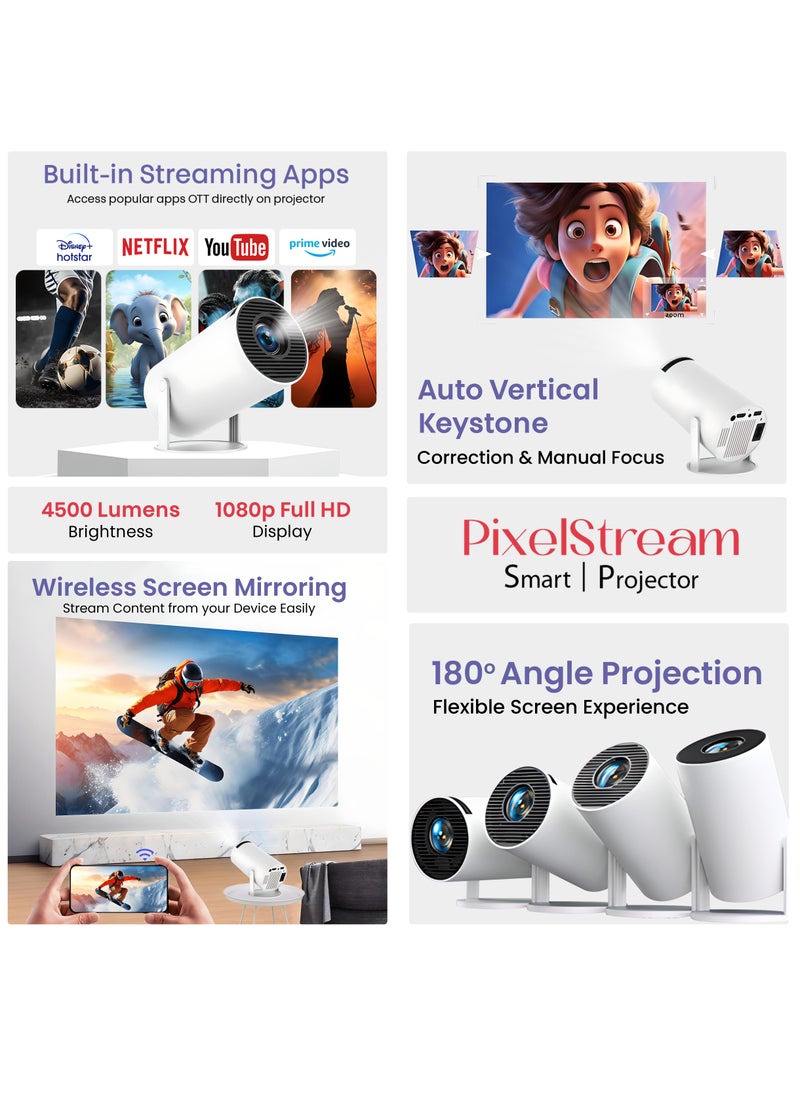 iCruze - iCruze PixelStream Smart Projector - 720p HD, 4500 Lumens, Android 12, Wi-Fi, Bluetooth, HDMI, USB - Portable Mini Home Theater Projector with 200” Screen Size Support - Image 1