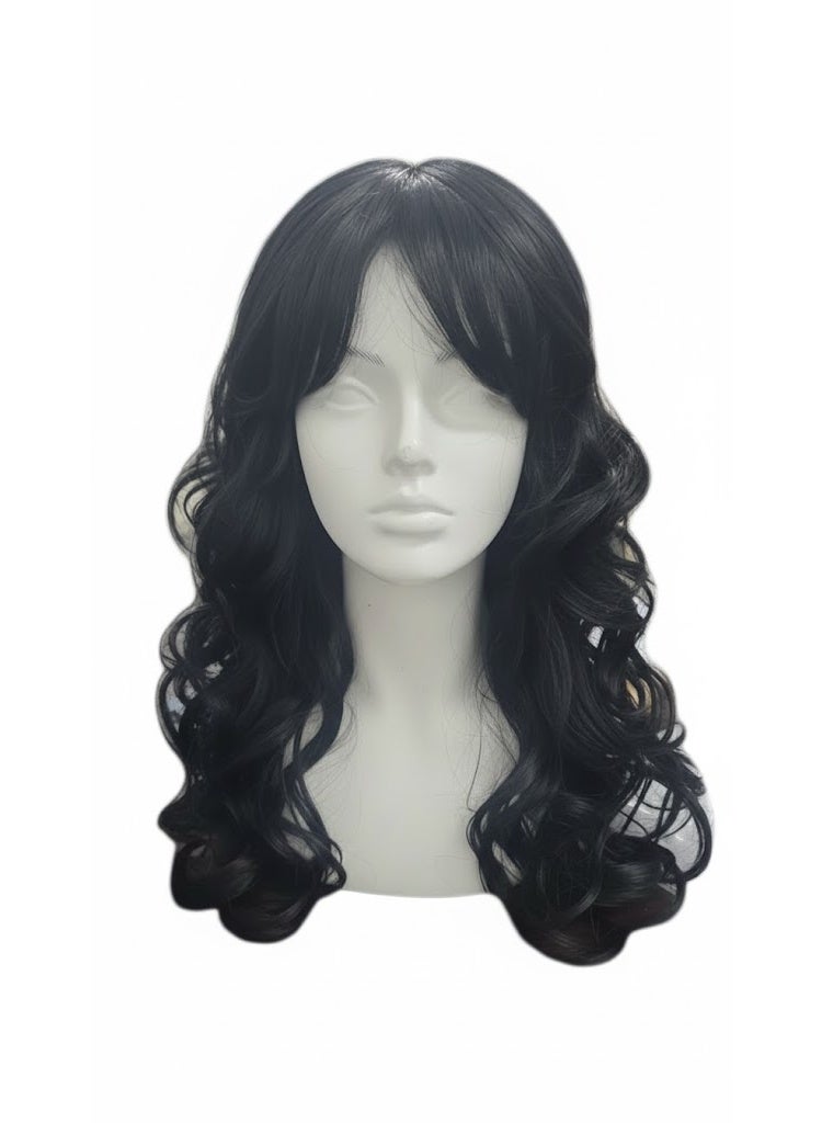 شعر مستعار طويل أسود طبيعي المظهر، مموج، مع فرق في المنتصف، بدون دانتيل، بديل مثالي للشعر المستعار الصناعي، مناسب للاستخدام اليومي والحفلات.