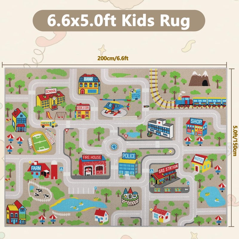 Capslpad Kids Rug Educational Play Rug 6.6' x 5' Traffic Road Kids Play Car Mat Large Learning Game Area Rug Kid Carpet for Playroom Living Room Nursery Room Decor, Tan - Image 2