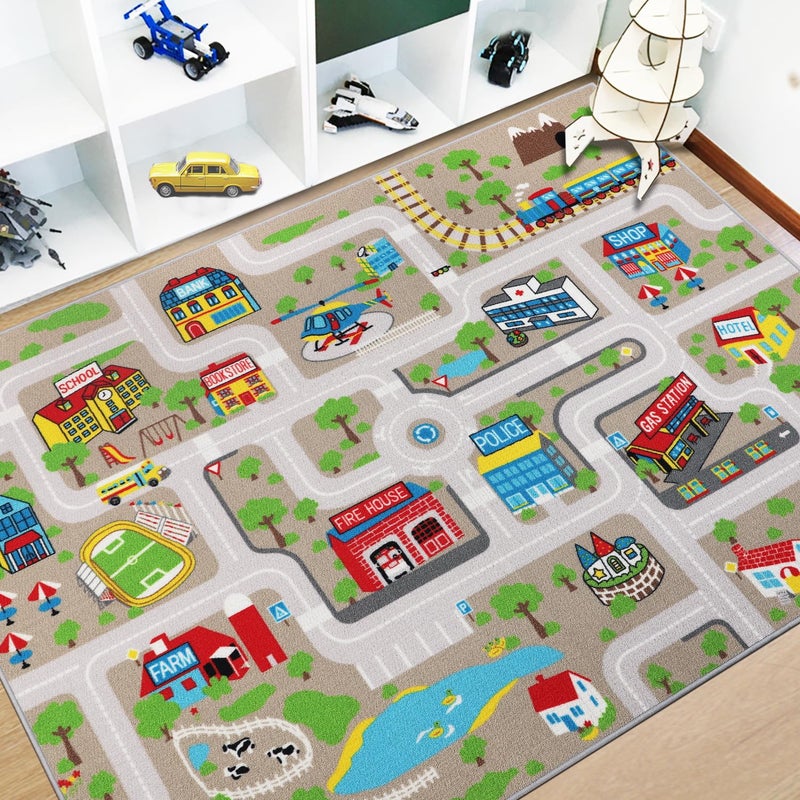 Capslpad Kids Rug Educational Play Rug 6.6' x 5' Traffic Road Kids Play Car Mat Large Learning Game Area Rug Kid Carpet for Playroom Living Room Nursery Room Decor, Tan - Image 1