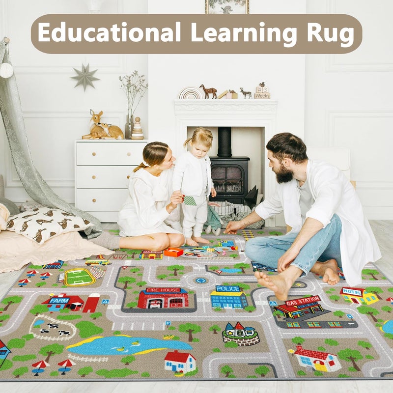 Capslpad Kids Rug Educational Play Rug 6.6' x 5' Traffic Road Kids Play Car Mat Large Learning Game Area Rug Kid Carpet for Playroom Living Room Nursery Room Decor, Tan - Image 3
