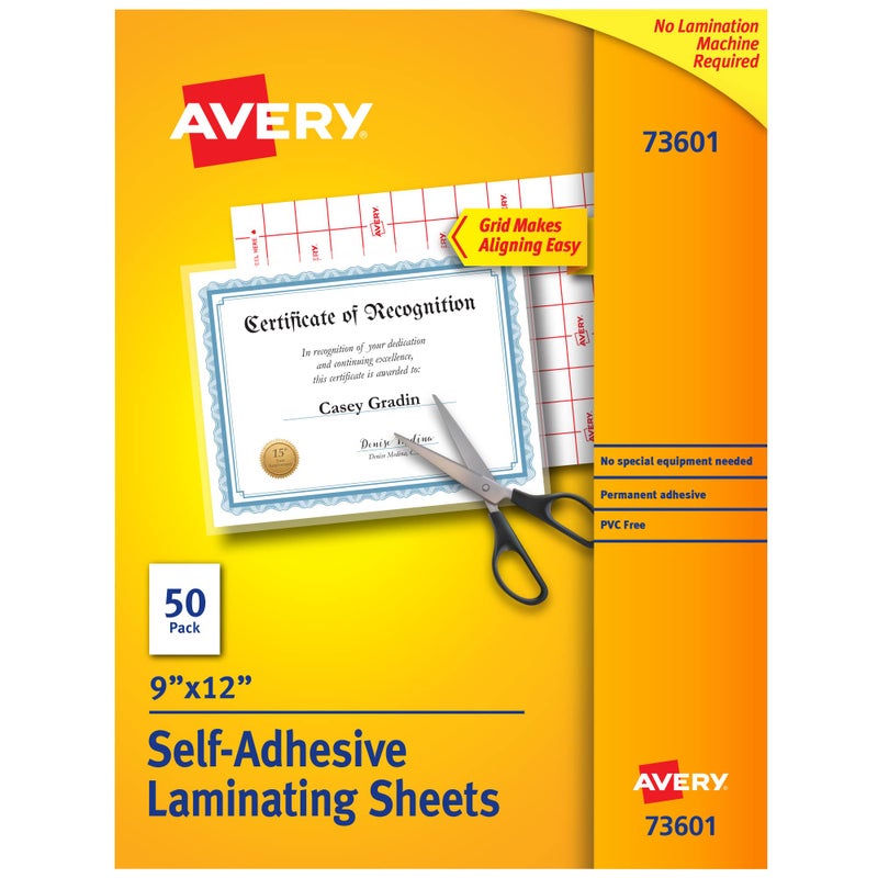 Avery 73601 Self-Adhesive Laminating Sheets, 9 x 12 Inch, Permanent Adhesive, 50 Clear Laminating Sheets - Image 1