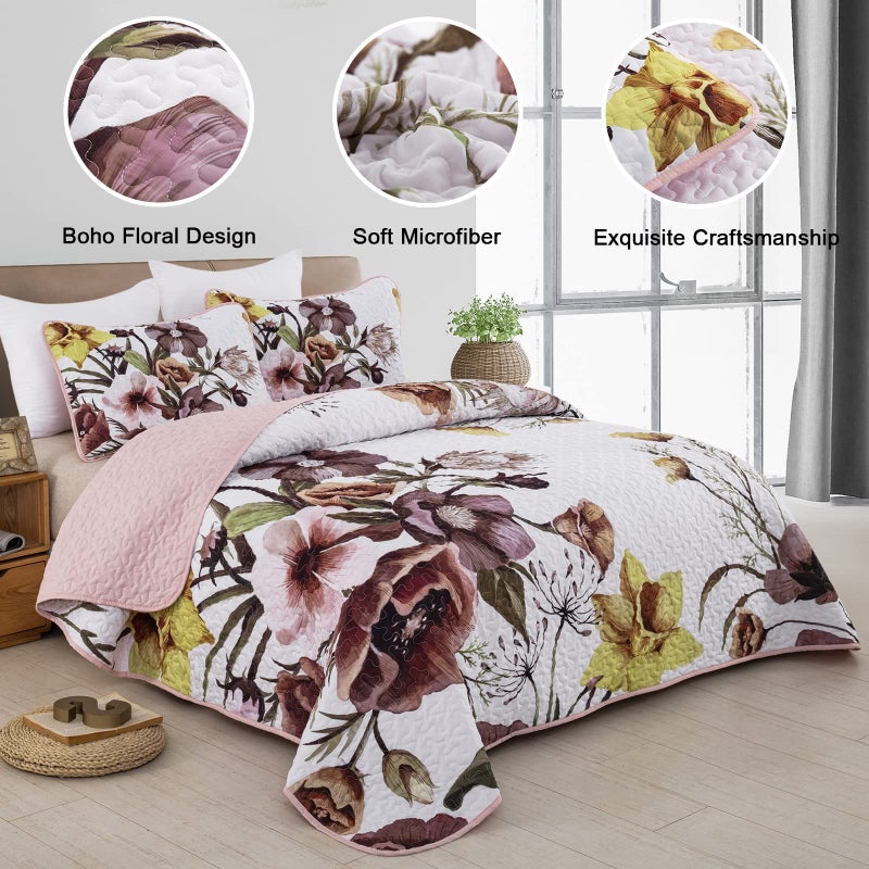 Drucon Floral Quilt Set King 3 Pieces Boho Blush Quilt Coverlet Set Soft Microfiber Lightweight Colorful Floral Quilted Bedspread for All Season 104"x90" - Image 2