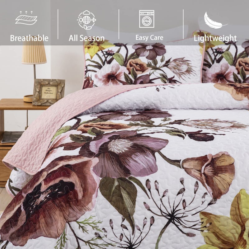 Drucon Floral Quilt Set King 3 Pieces Boho Blush Quilt Coverlet Set Soft Microfiber Lightweight Colorful Floral Quilted Bedspread for All Season 104"x90" - Image 4