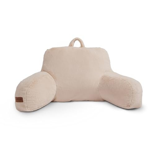 UnHide Squish Backrest Pillow  A Large Pillow with Arms for Sitting Up in Bed Reading or Lounging  Removable Washable Faux Fur Cover Beige