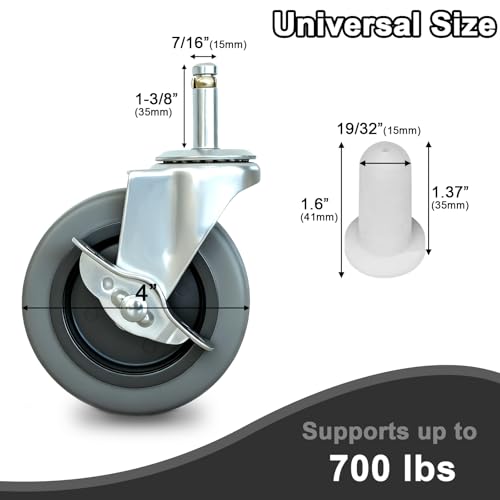 AAGUT 4 Inches Stem Caster Wheels,7/16-Inch Stem Diameter Rubber Casters Set of 4 with Side Brake,Heavy Duty TPR Replacement Wheels for Utility Cart Rubbermaid Mop Bucket Shop Vac Weber Grills - 4 Pack - Image 2