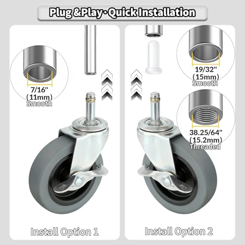 AAGUT 4 Inches Stem Caster Wheels,7/16-Inch Stem Diameter Rubber Casters Set of 4 with Side Brake,Heavy Duty TPR Replacement Wheels for Utility Cart Rubbermaid Mop Bucket Shop Vac Weber Grills - 4 Pack - Image 3