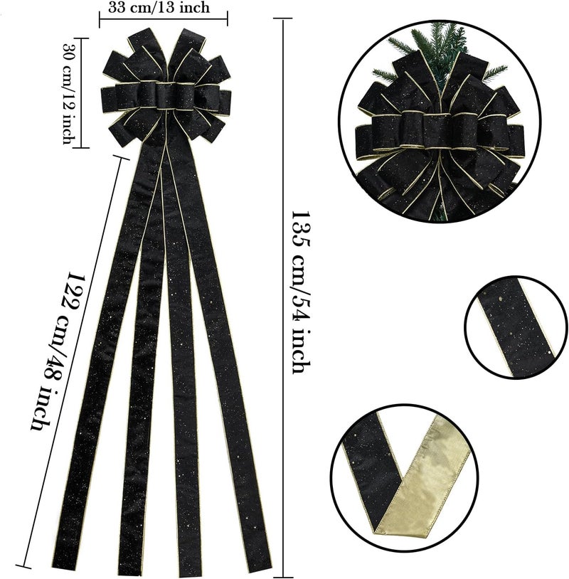 BUVANE Christmas Tree Topper,48x13 Inches Velvet Toppers Bow,Large Decorative Bows for Christmas Decoration (Black) - Image 2