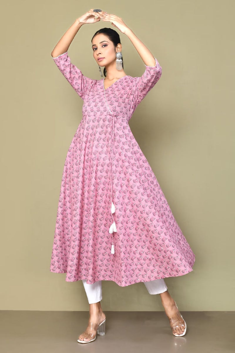 Miravan Womens Pink Cotton Floral Print Pink Anarkali Kurta - Image 1