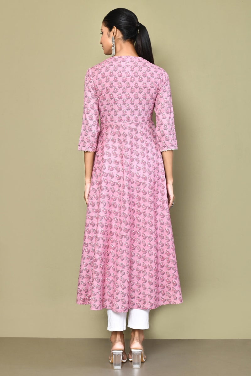 Miravan Womens Pink Cotton Floral Print Pink Anarkali Kurta - Image 4
