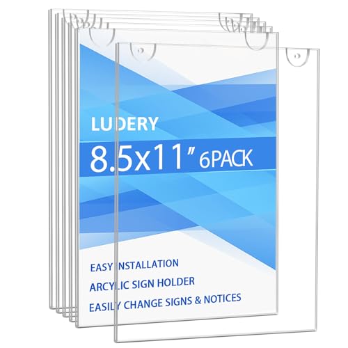 Ludery Acrylic Sign Holder 8.5 x 11 Vertical, Wall Mount Document Holder, Clear Plastic Picture Frame with Tape Adhesive and Screws for Office, Home, Store, Restaurant - 6 Pack - Image 1