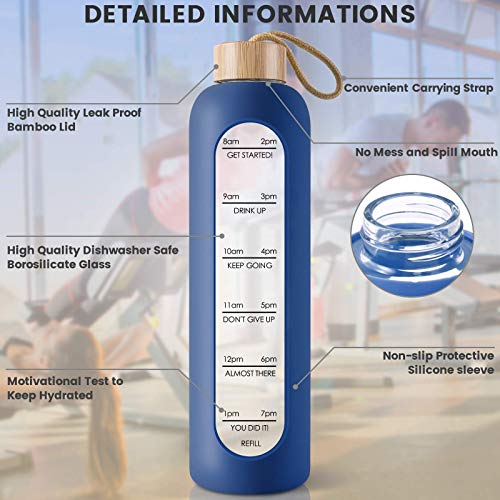 PROBTTL 32 Oz Borosilicate Glass Water Bottle with Time Marker Reminder Quotes, 1 Liter Leak Proof Reusable BPA Free Motivational Water Bottles with Silicone Sleeve and Bamboo Lid (Navy Blue) - Image 3