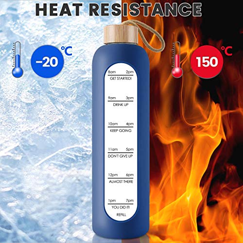 PROBTTL 32 Oz Borosilicate Glass Water Bottle with Time Marker Reminder Quotes, 1 Liter Leak Proof Reusable BPA Free Motivational Water Bottles with Silicone Sleeve and Bamboo Lid (Navy Blue) - Image 5